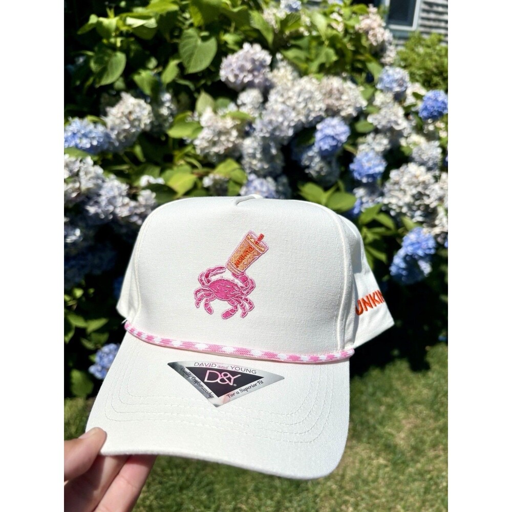 NWT Dunkin' x Cape Cod Beach Crab Novelty Baseball Hat Cap White Pink Summer